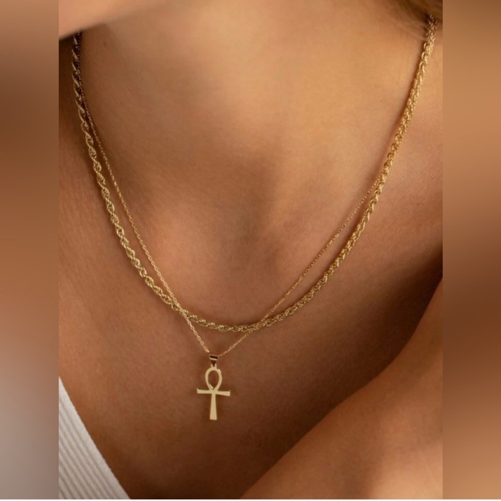 Gold Plated Stainless Steel 2pc Ankh Pendant Layered Necklace Set